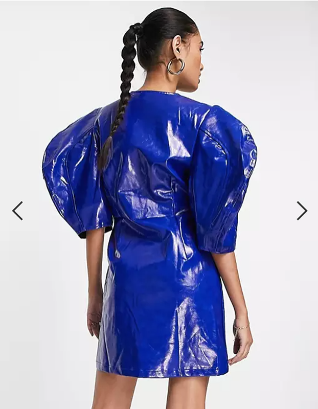 Ghospell Womens Pu Mini Dress With Puff Sleeve in Cobalt Blue