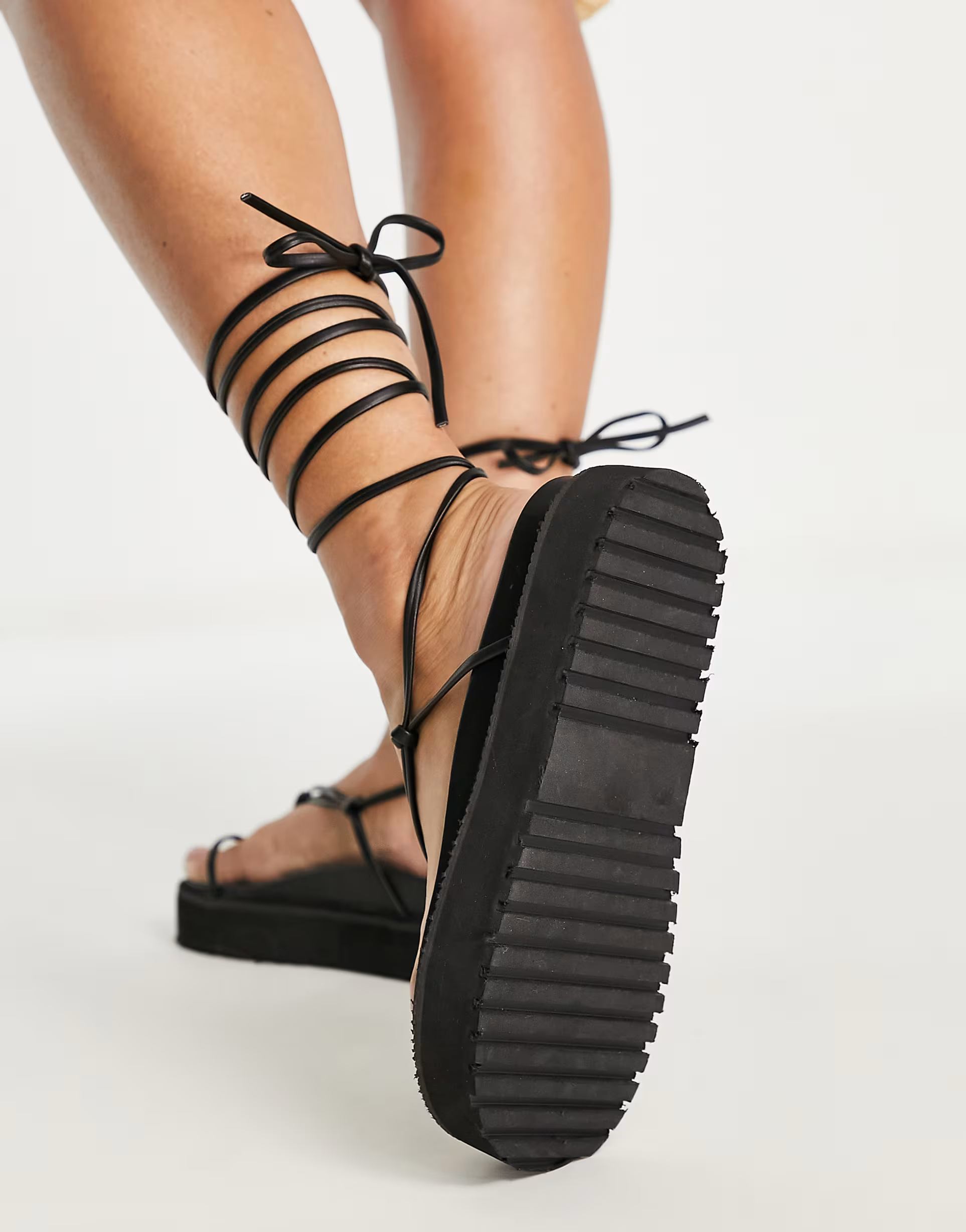 Public Desire Wide Fit Womens Bebe Flatform Sandals With Ankle Tie In Black