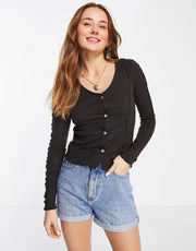 Womens Mango Lettuce Edge Button Front Top in Dark Brown