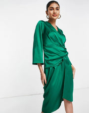 Closet London Womens Satin Kimono Wrap Dress in Emerald Green