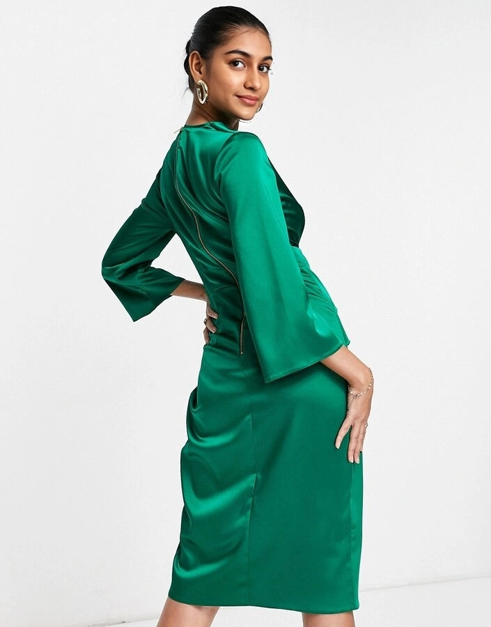 Closet London Womens Satin Kimono Wrap Dress in Emerald Green