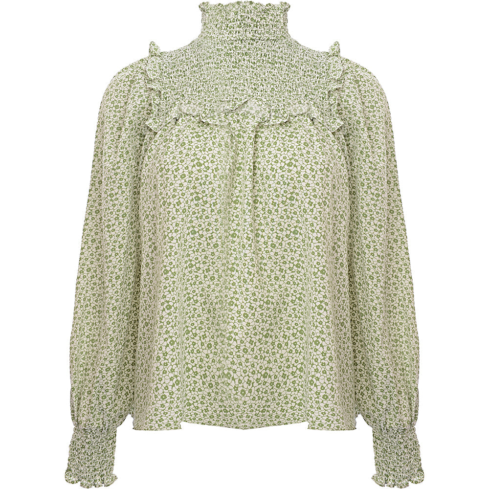 Glamorous Women's Green Floral High Neck Smock Blouse