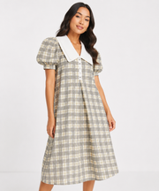 Lost Ink Womens Contrast Collar Puff Sleeve Midi Dress in Multi Check