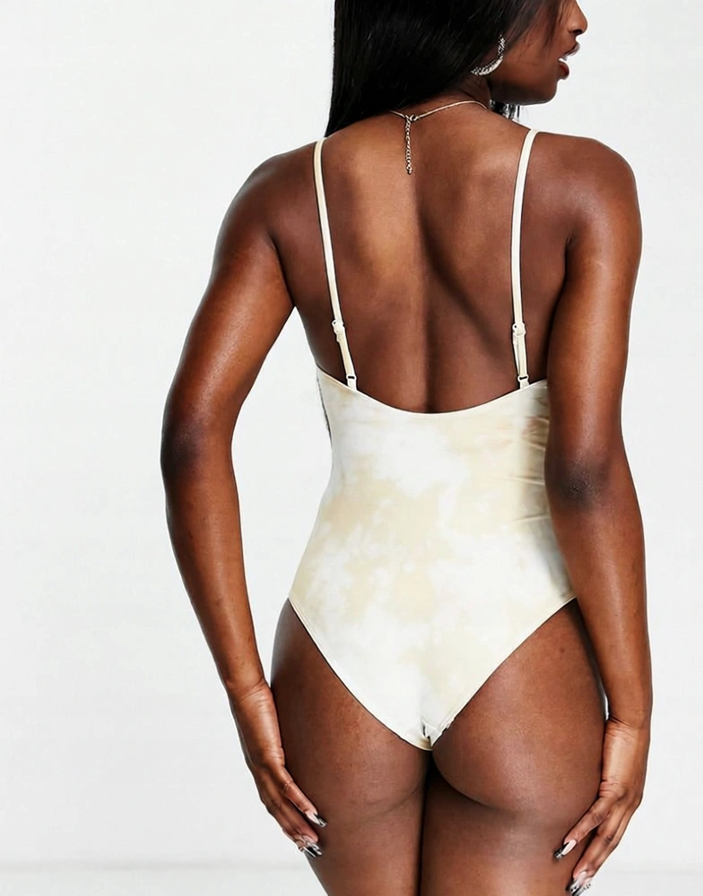 Monki Womens Recycled Tie Dye Swimsuit in Beige in Neutral