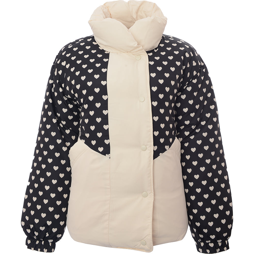 Monki Women's Black Recycled Padded Jacket with Heart Print