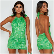 Womens O Mighty Halter Neck Bodycon Dress With Bead Tie in Green Retro Square