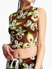 OMighty Womens O Mighty Y2K High Neck Mesh Tank Crop Top in Malibu Print Co-Ord