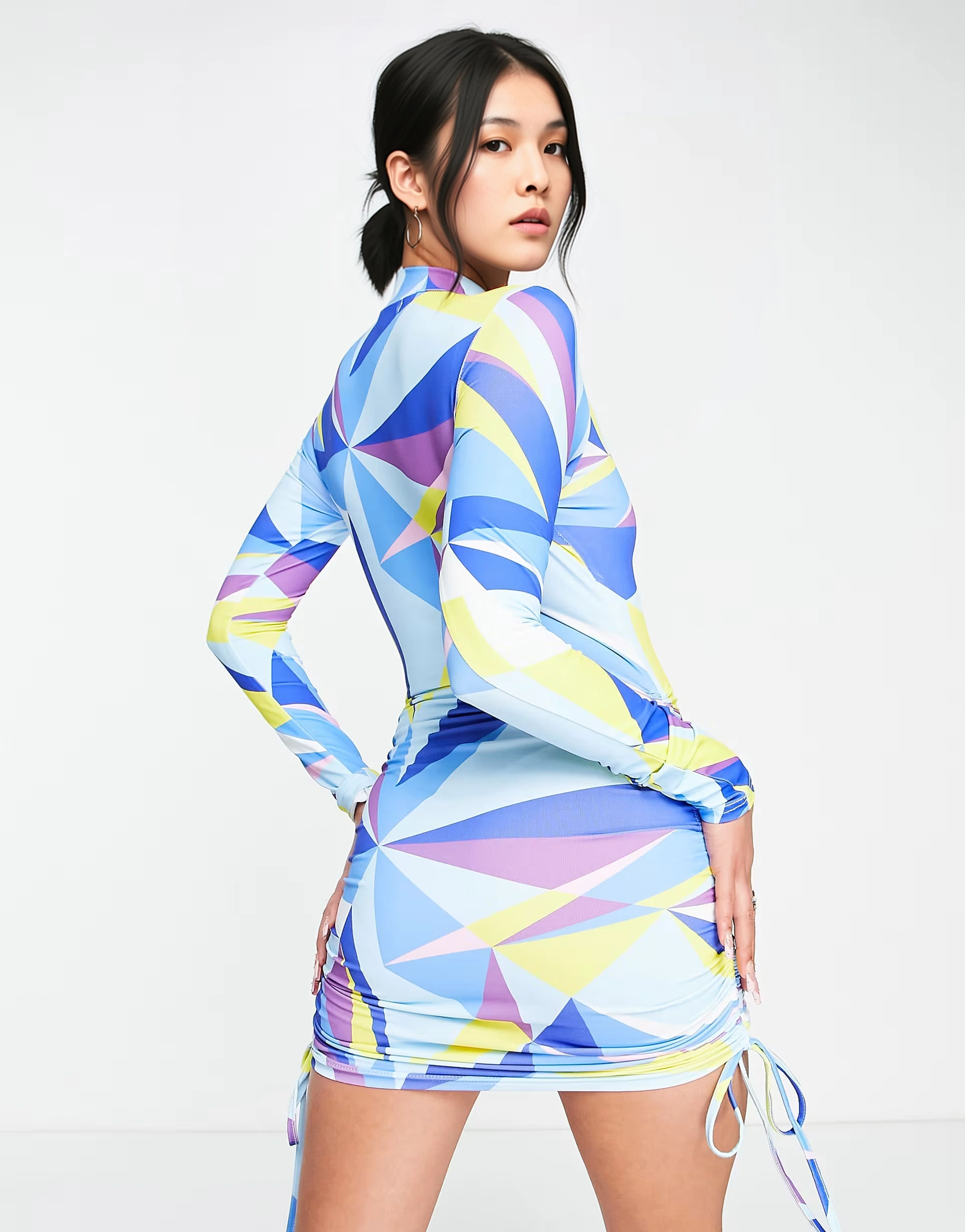 Womens Simmi High Neck Ruched Mini Dress With Tie Side Detail In Geo Multi Print
