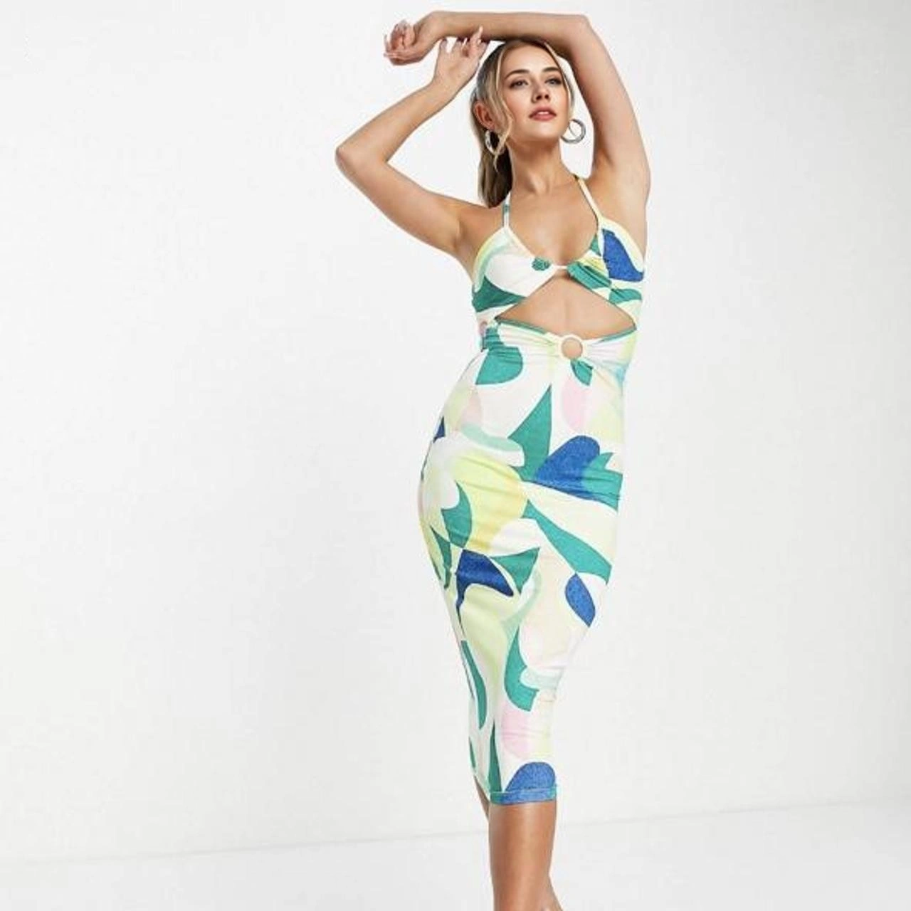 Womens Simmi Cut Out Waist Midi Bodycon Dress In Green Multi Swirl Print