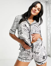 Womens Dkny Woven Revere Top And Short Pyjama Set in Logo Newspaper Print