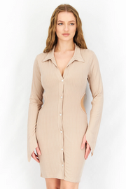 Fashionkilla Womens Rib Mini Dress With Cut Out Sides in Beige