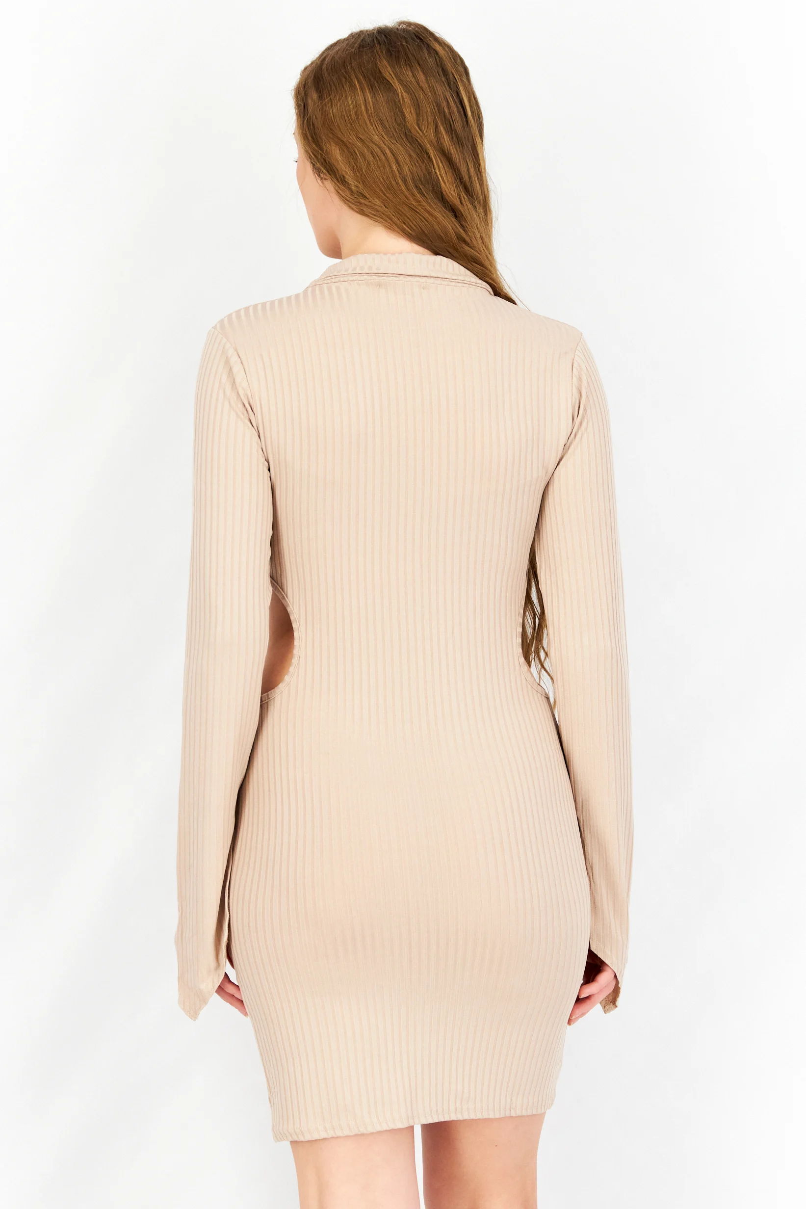 Fashionkilla Womens Rib Mini Dress With Cut Out Sides in Beige