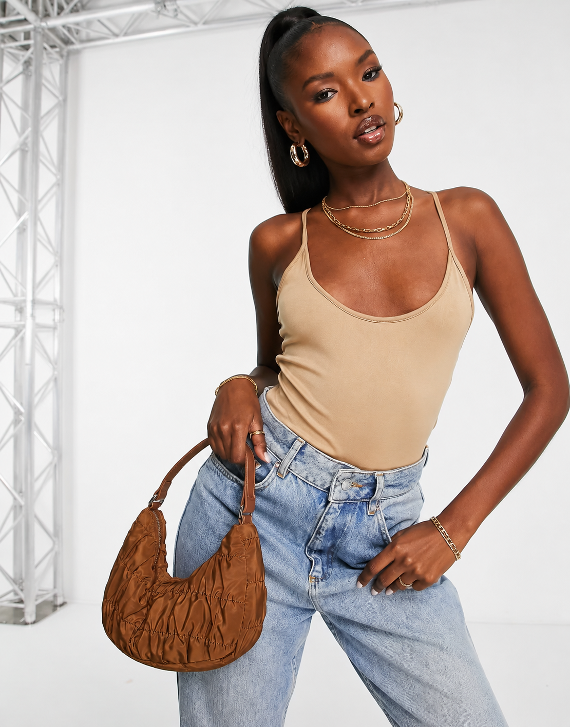 Public Desire Womens Slinky Cross Back Bodysuit in Chestnut