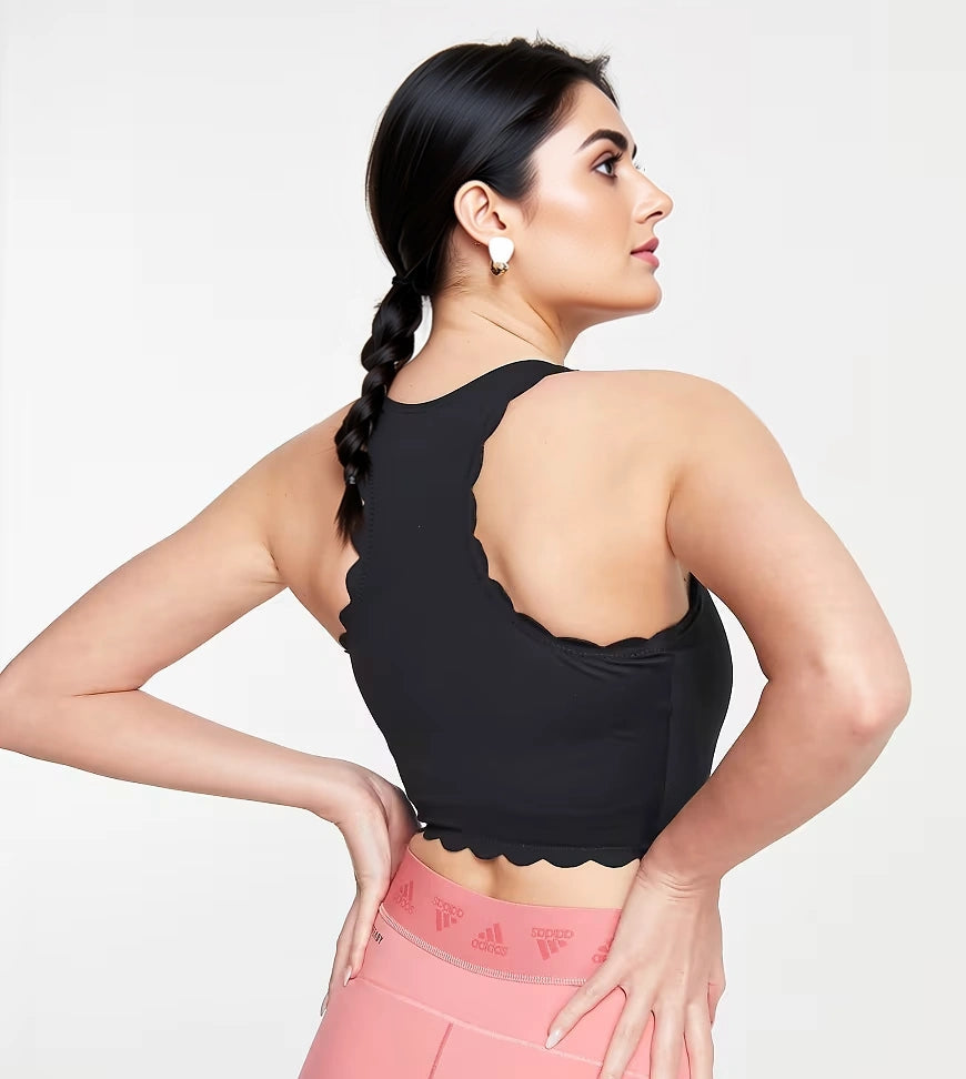 Womens South Beach Polyester Scallop Edge Crop Top In Black
