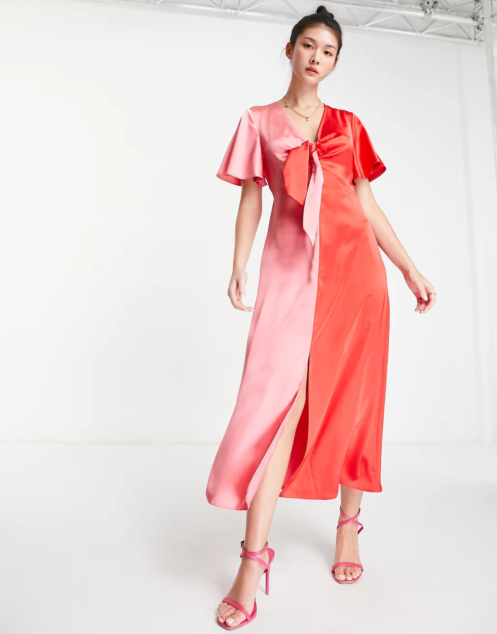 Style Cheat Womens Contrast Tie Front Midi Dres In Pink