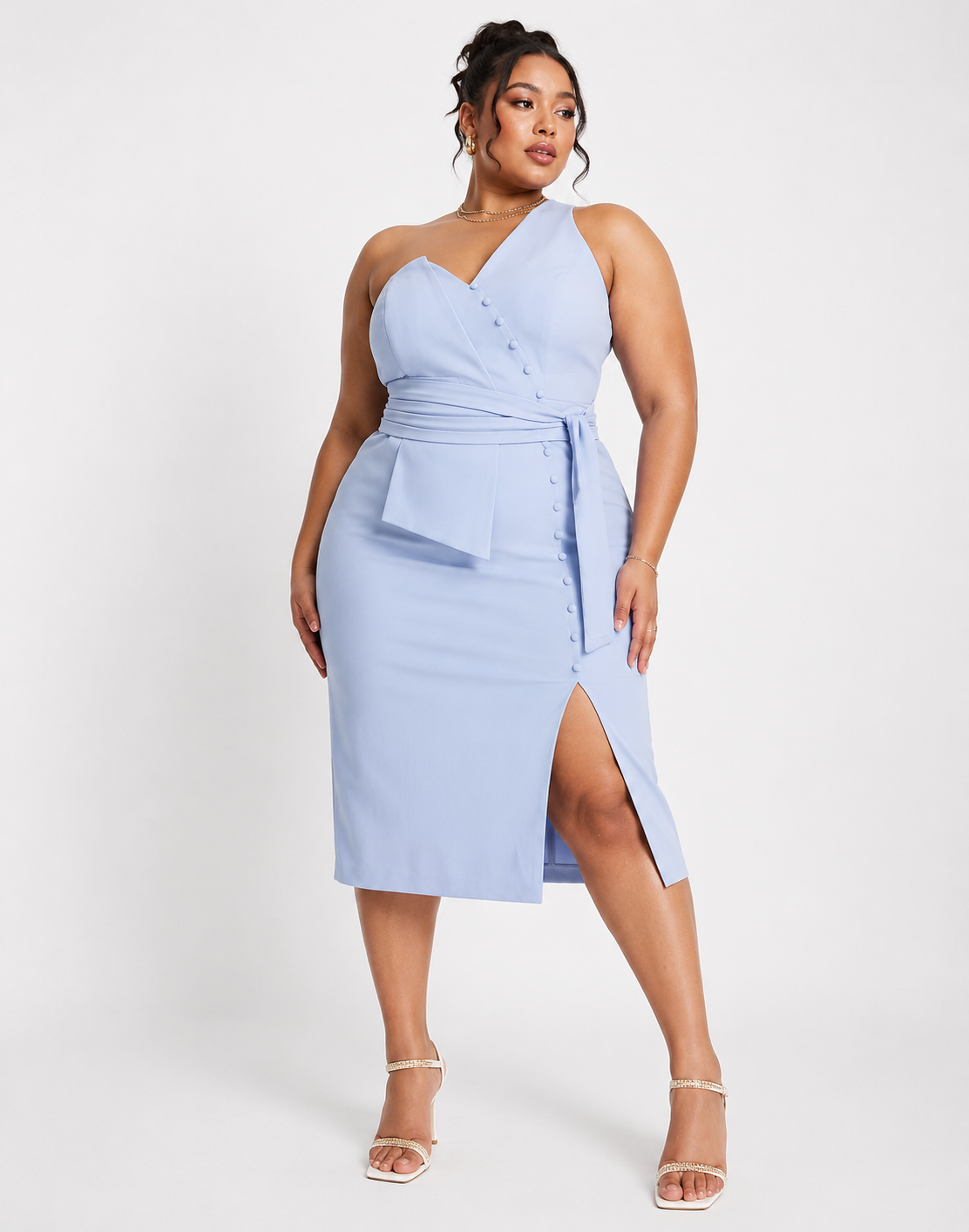 Lavish Alice Plus Womens One Shoulder Midi Dress With Waist Tie in Blue