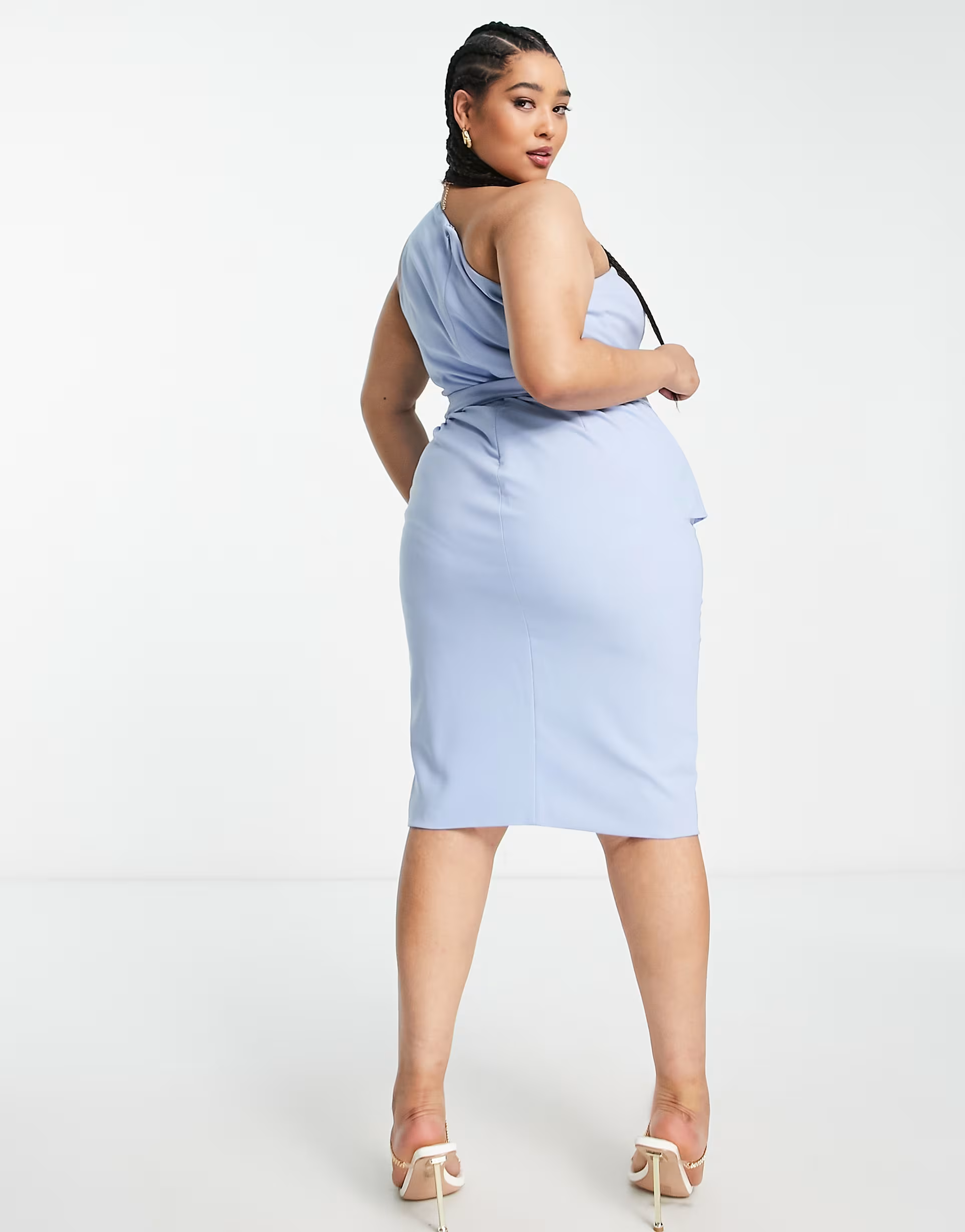 Lavish Alice Plus Womens One Shoulder Midi Dress With Waist Tie in Blue