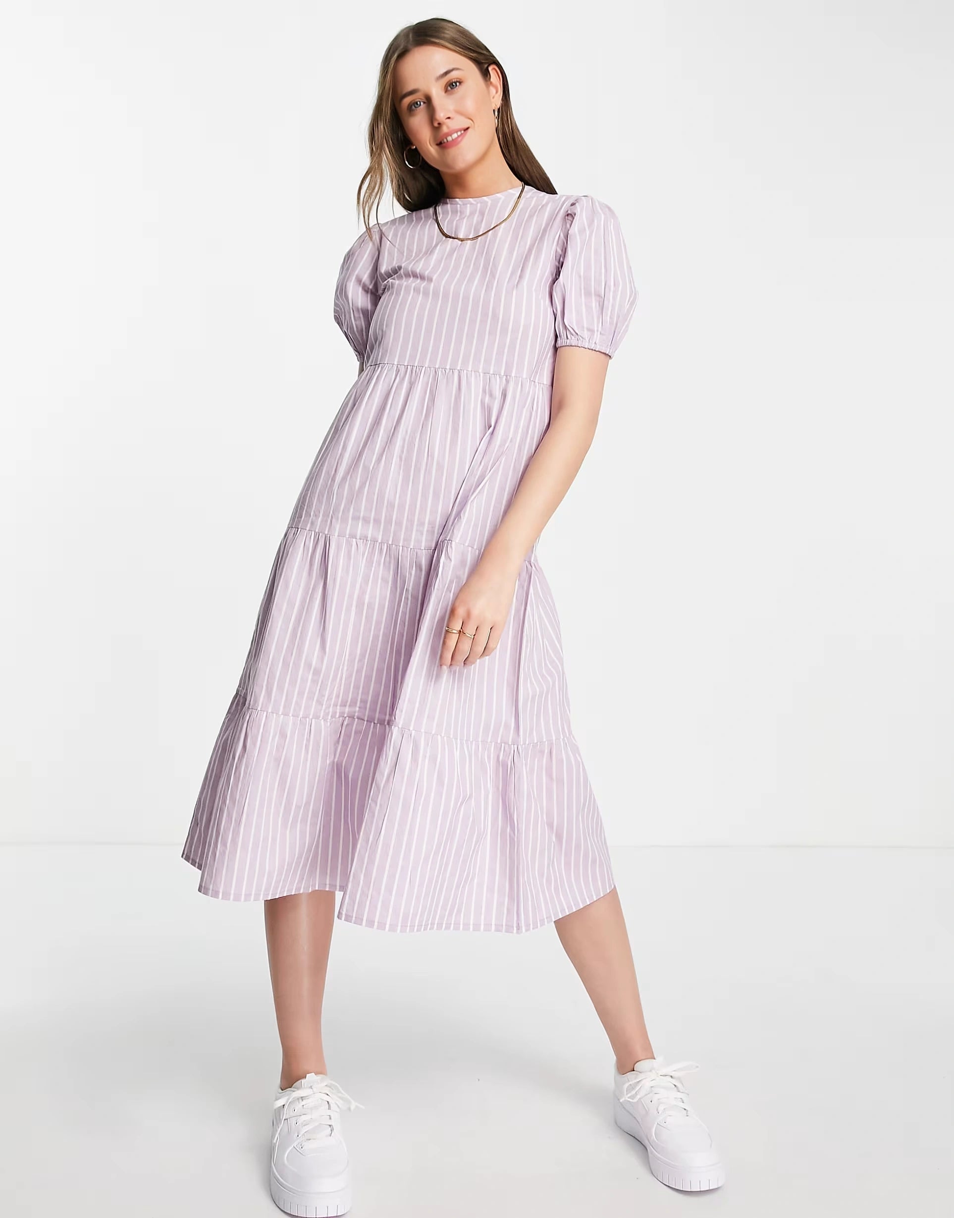 Influence Womens Tiered Smock Midi Dress in Lilac Stripe