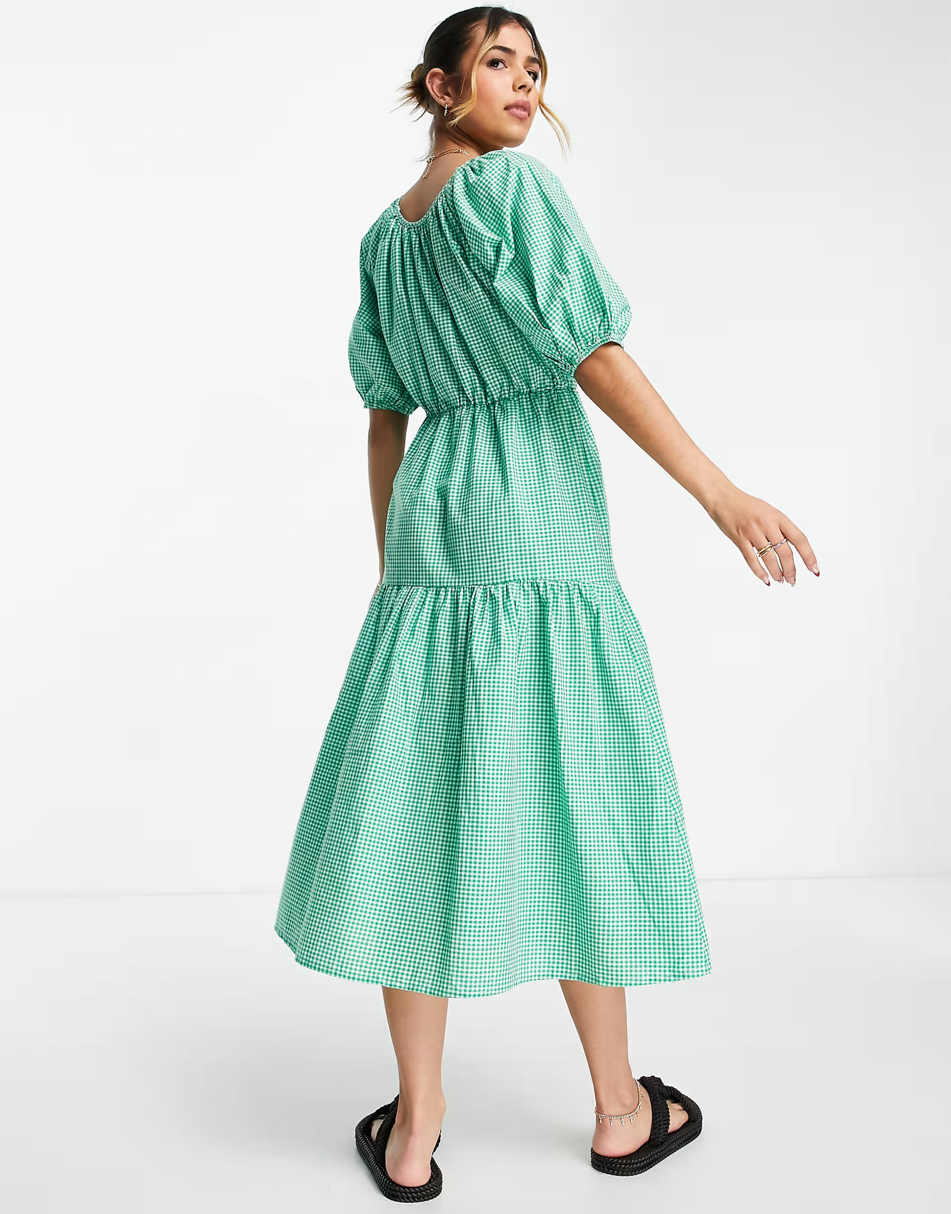 Influence Womens Puff Sleeve Midi Dress in Green Gingham
