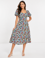 Influence Womens Puff Sleeve Midi Dress in Multi Floral