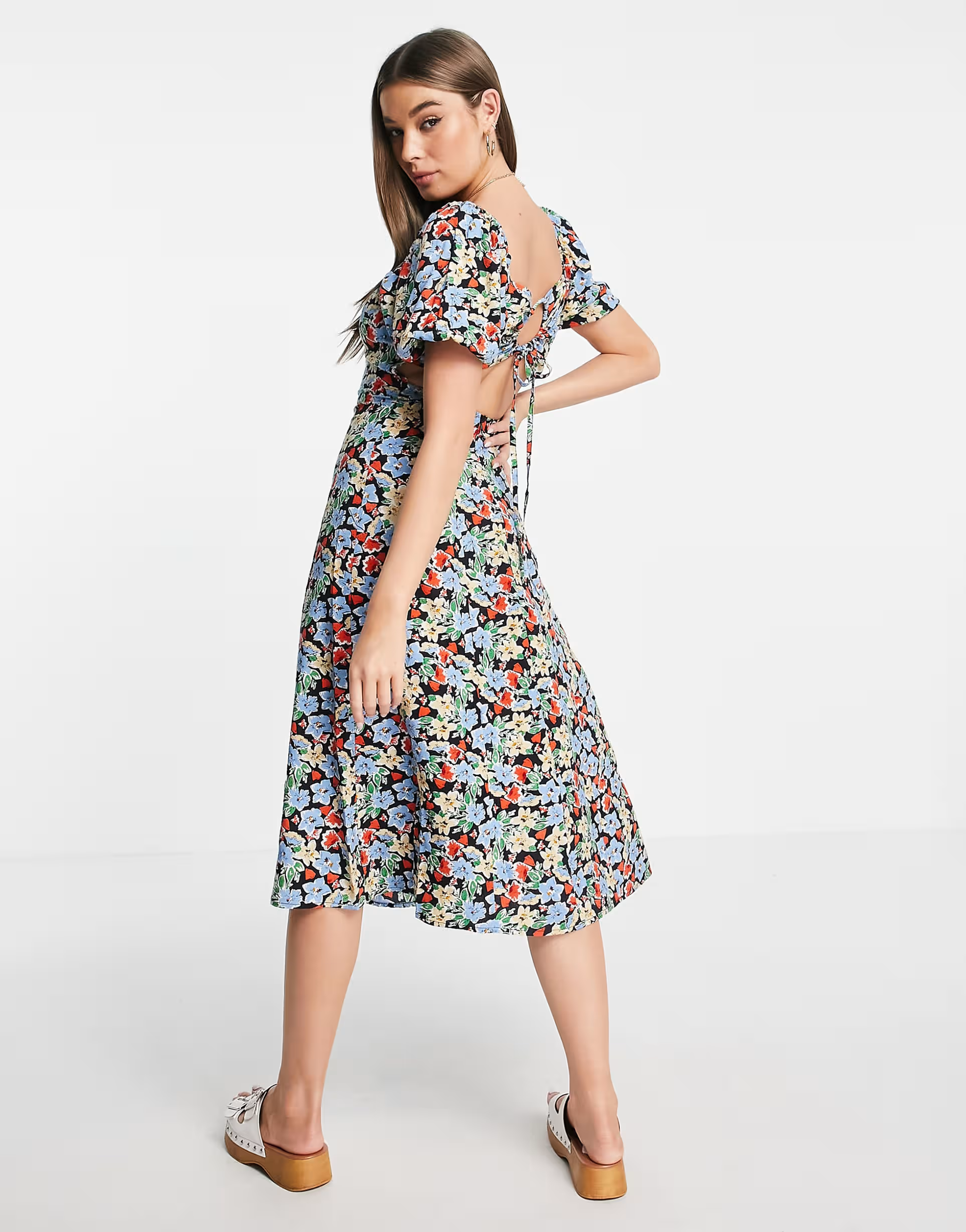 Influence Womens Puff Sleeve Midi Dress in Multi Floral