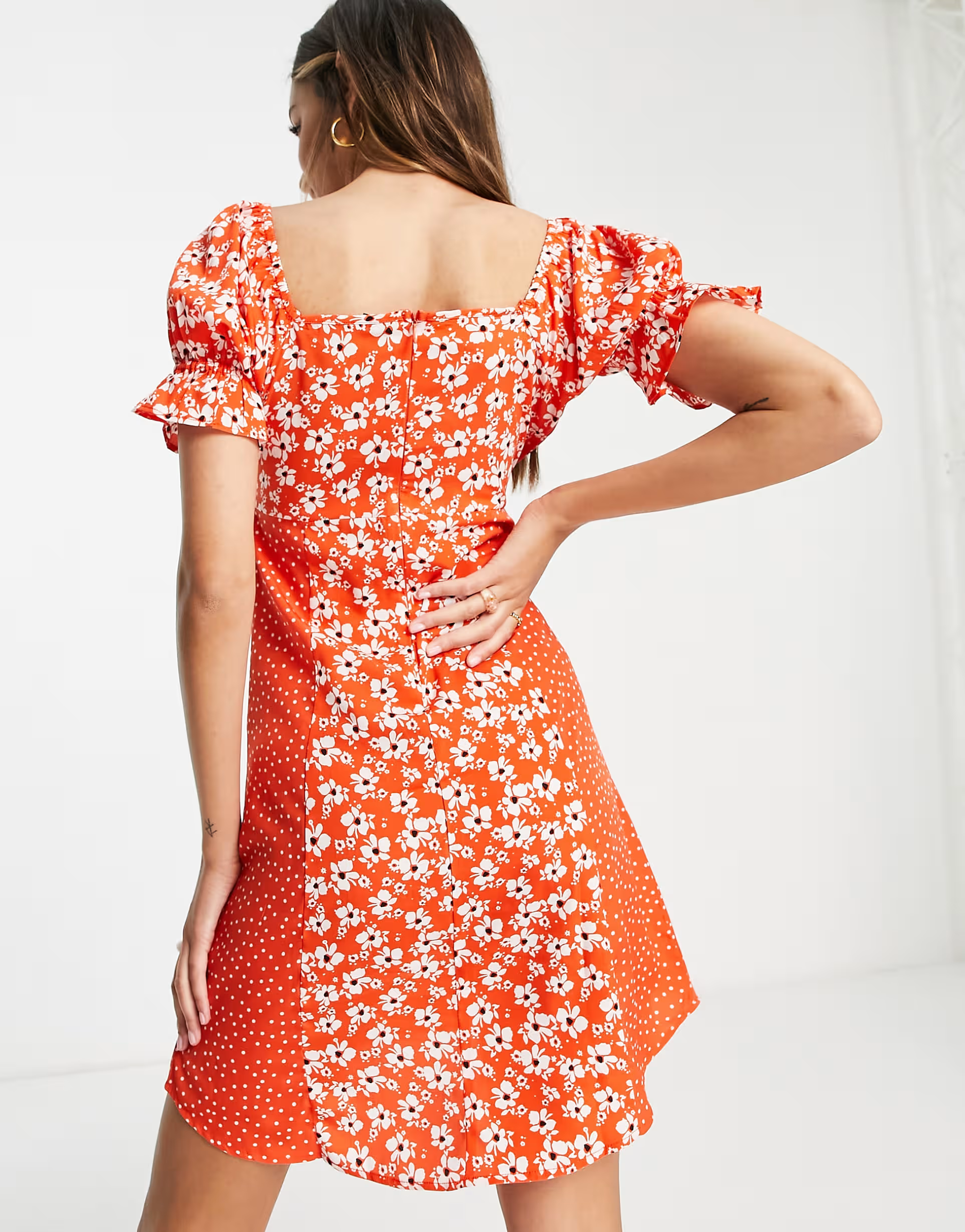 Influence Womens Tall Puff Sleeve Front Tie Mini Dress in Mixed Red Floral