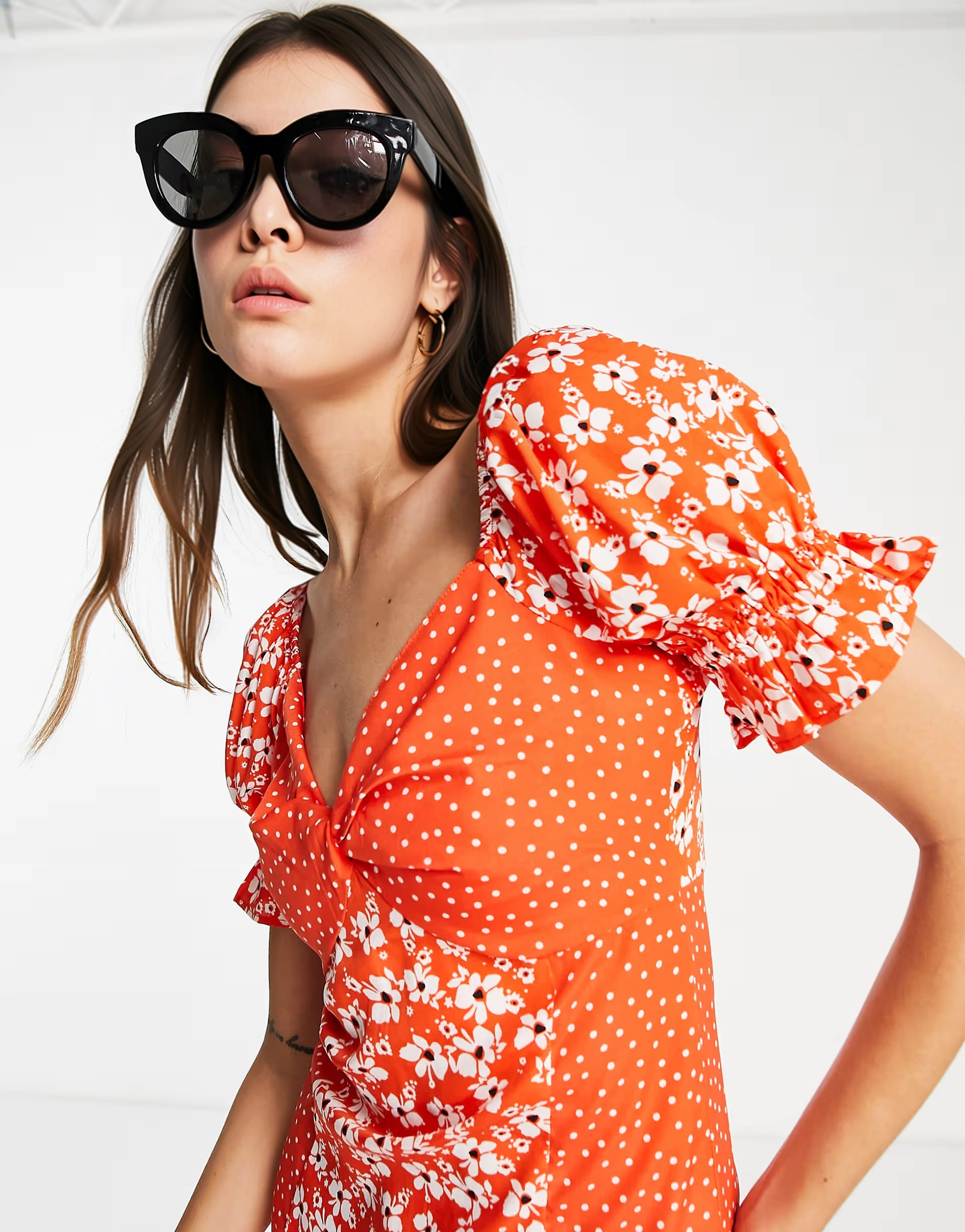 Influence Womens Tall Puff Sleeve Front Tie Mini Dress in Mixed Red Floral
