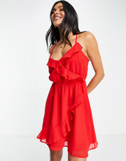 NA-KD Womens Flowy Cross Back Frill Dress In Red