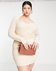 Womens In The Style Plus Puff Sleeve Ruched Detail Mini Dress In Stone