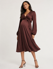 Queen Bee Womens Maternity Wrap Front Mini Satin Dress In Brown