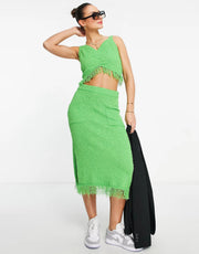 Lost Ink Womens Textured Cami Fringe Top Co-Ord In Green