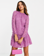 Little Mistress Womens Long Sleeve Mini Dress With Ruffle Skirt In Lilac