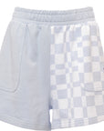 Puma Women's Pale Blue and White Checkerboard Colour Block Downtown Sweat Shorts