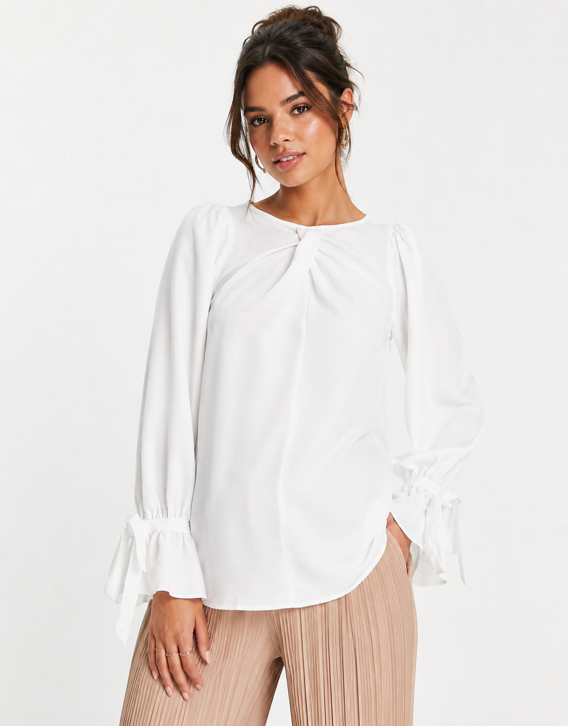 Little Mistress Womens Maternity White Satin Blouse With Tie Cuffs In White