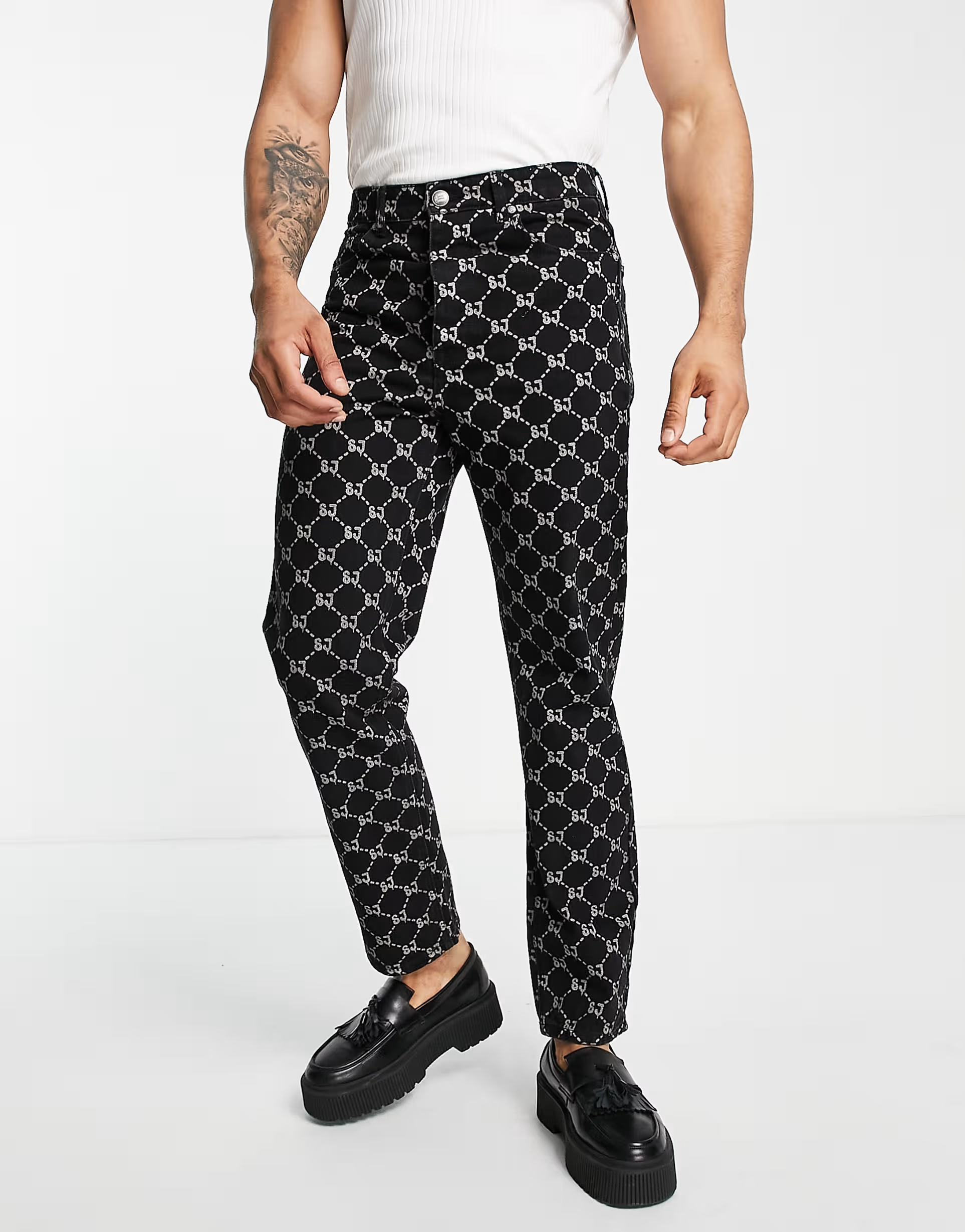 Sixth June Mens Relaxed Fit Denim Jeans in Black With All Over Logo Print