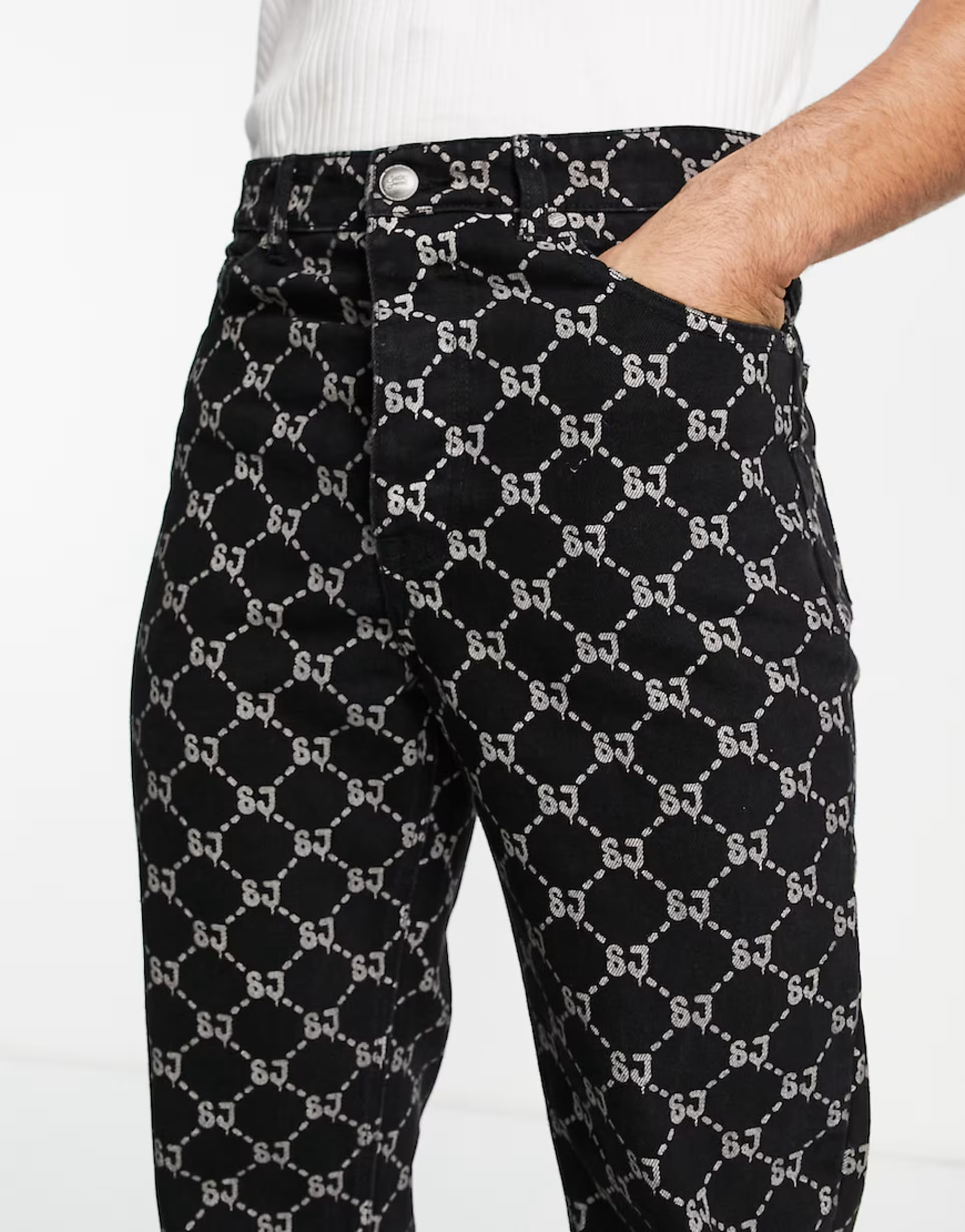 Sixth June Mens Relaxed Fit Denim Jeans in Black With All Over Logo Print