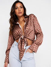 Missguided Womens Tie Front Shirt in Brown Checkerboard