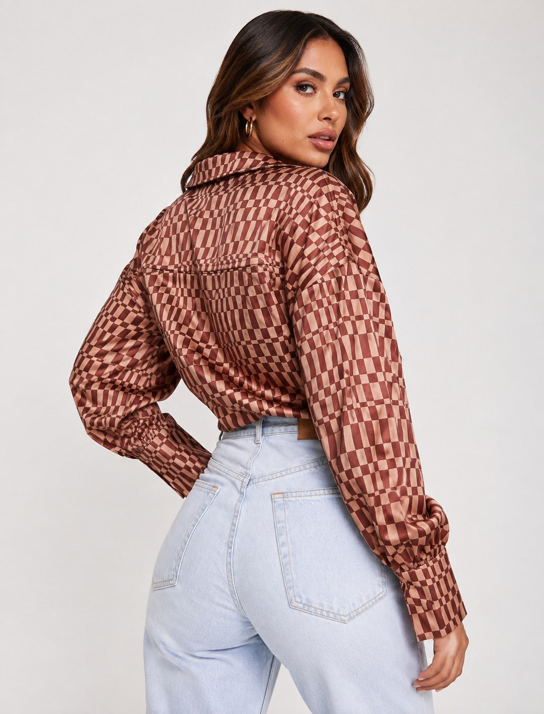 Missguided Womens Tie Front Shirt in Brown Checkerboard