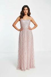 Maya Womens All Over Embellished Cross Back Maxi Dress in Taupe Blush