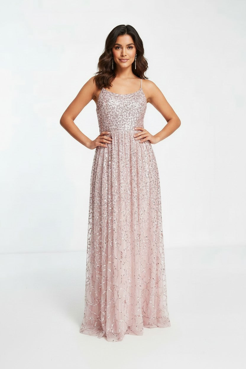 Maya Womens All Over Embellished Cross Back Maxi Dress in Taupe Blush