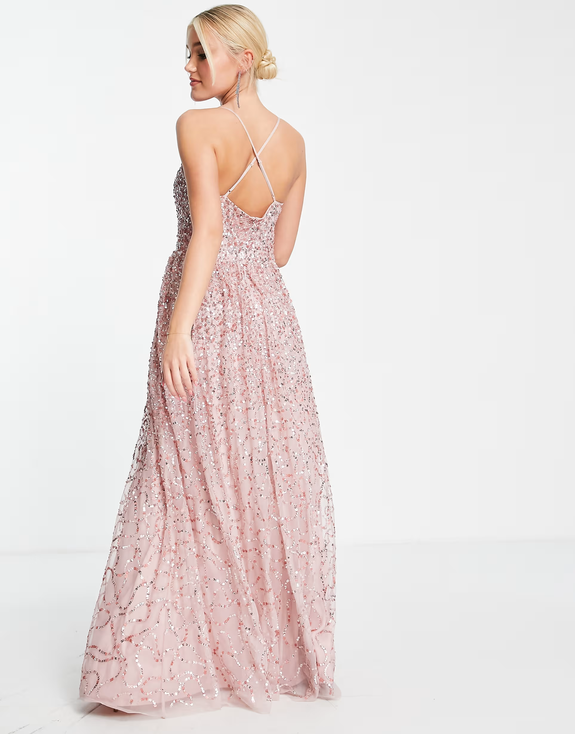 Maya Womens All Over Embellished Cross Back Maxi Dress in Taupe Blush