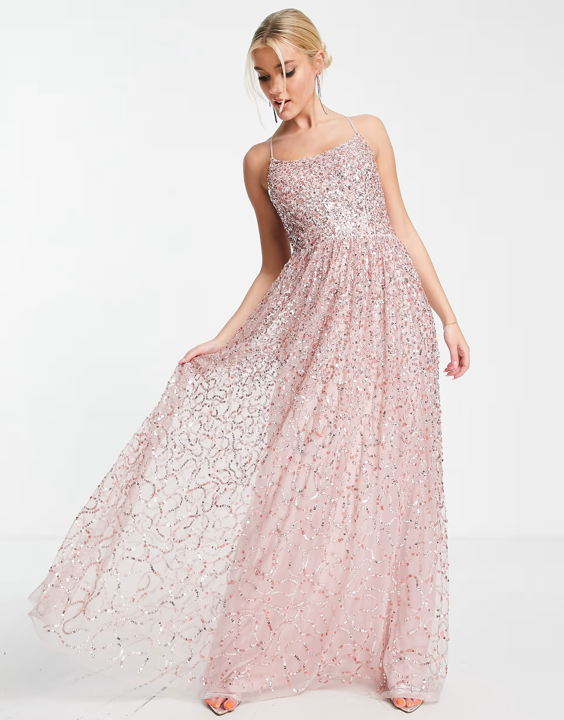 Maya Womens All Over Embellished Cross Back Maxi Dress in Taupe Blush