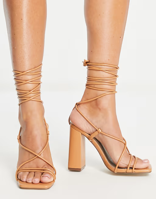 Womens Missguided Tie Up Block Heeled Sandal In Tan