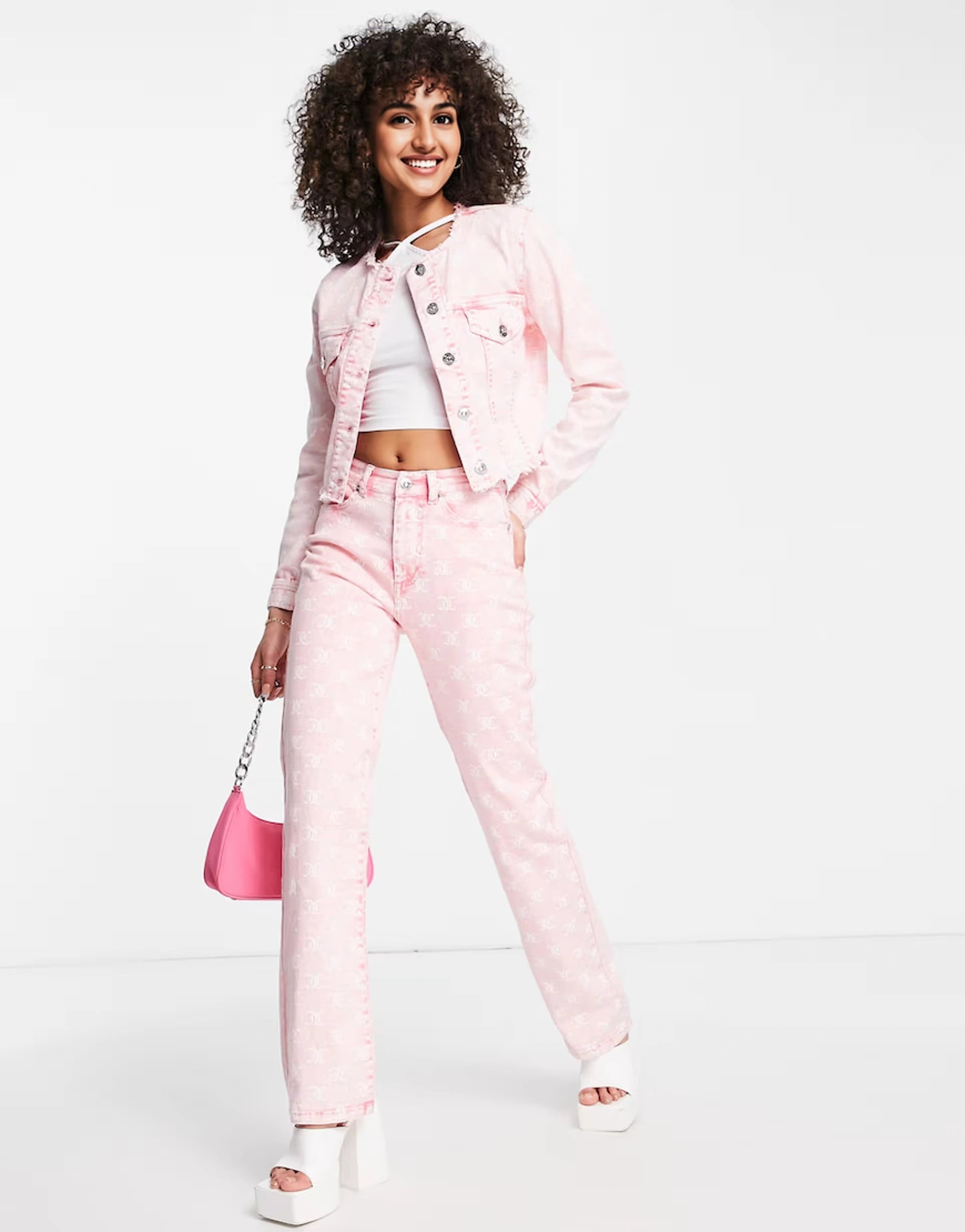 Womens Juicy Couture Co-Ord Monogram Jacquard Denim Jacket in Fluorescent Pink
