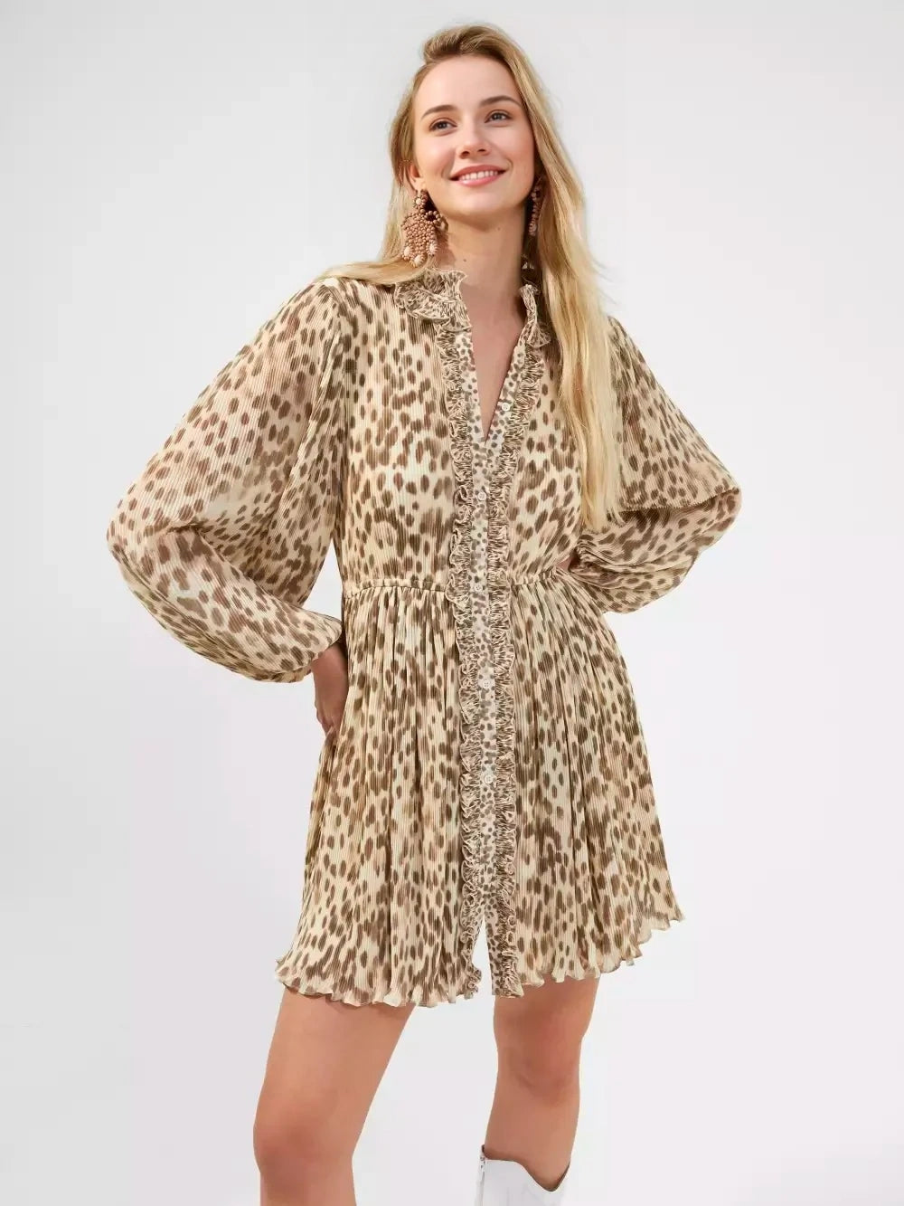 French Connection Womens Eva High Neck Ruffle Mini Dress in Animal Print