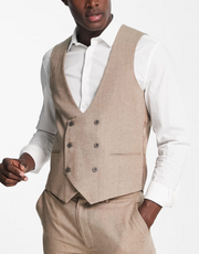 Gianni Feraud Mens Wedding Slim Fit Double Breasted Linen Waistcoat In Neutral