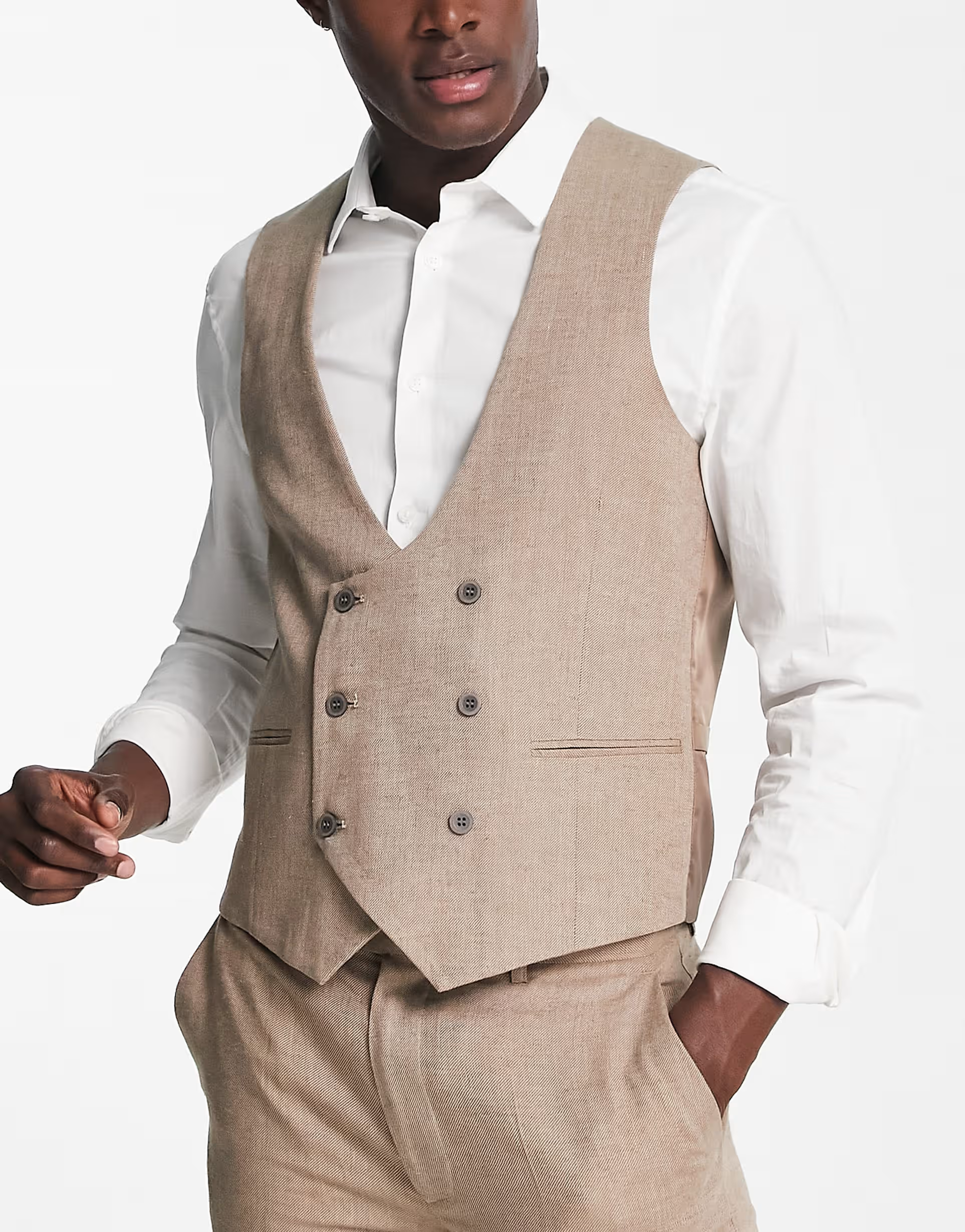 Gianni Feraud Mens Wedding Slim Fit Double Breasted Linen Waistcoat In Neutral