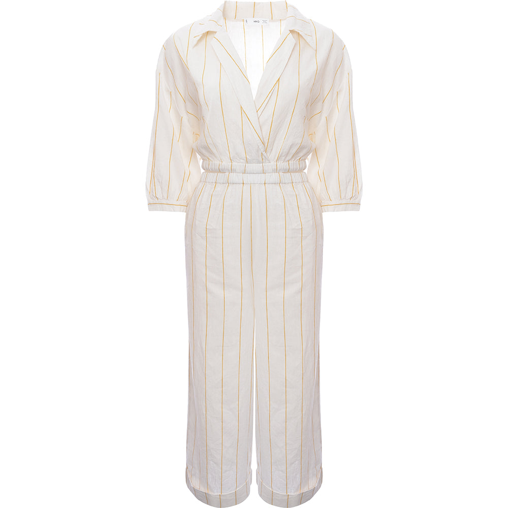 Mango Women's White Cut Out Detail Linen Stripe Jumpsuit