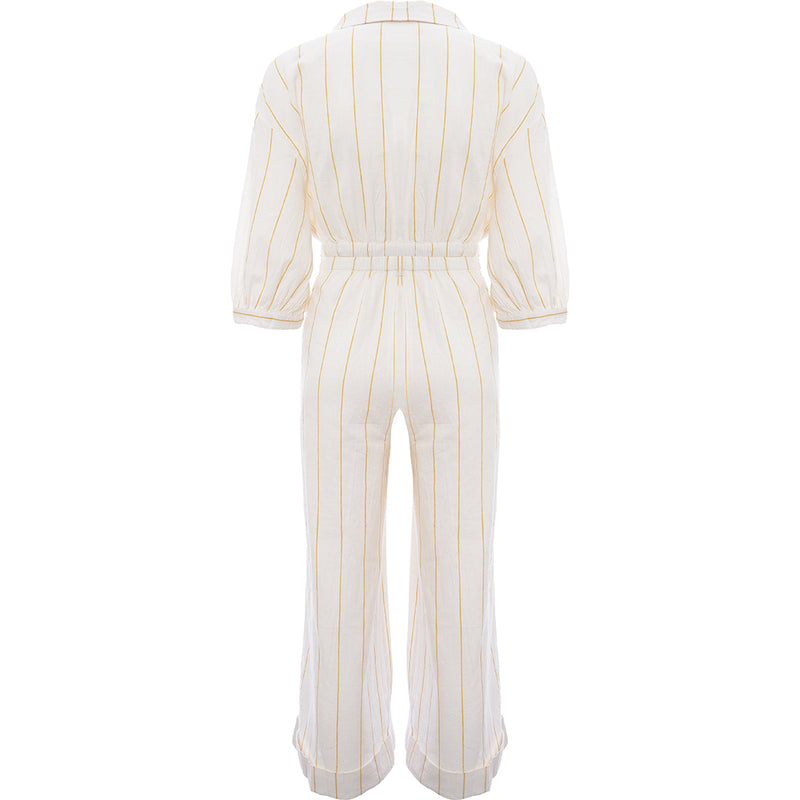 Mango Women's White Cut Out Detail Linen Stripe Jumpsuit