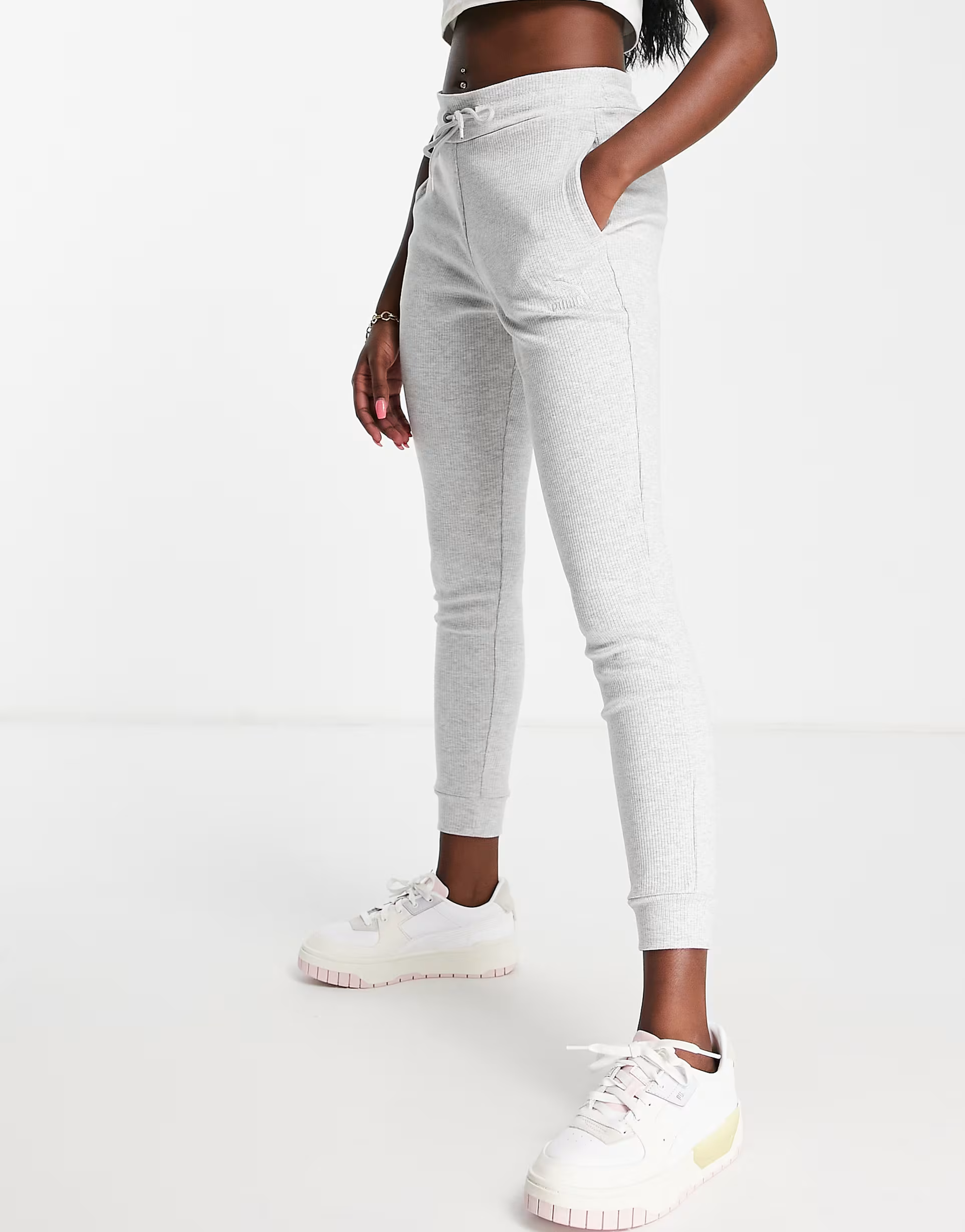Womens Puma Classics Ribbed Slim Joggers in Grey